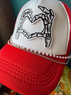 ✨ 2 for $40 ✨ Red and White Trucker Hat with Skeleton Heart Patch